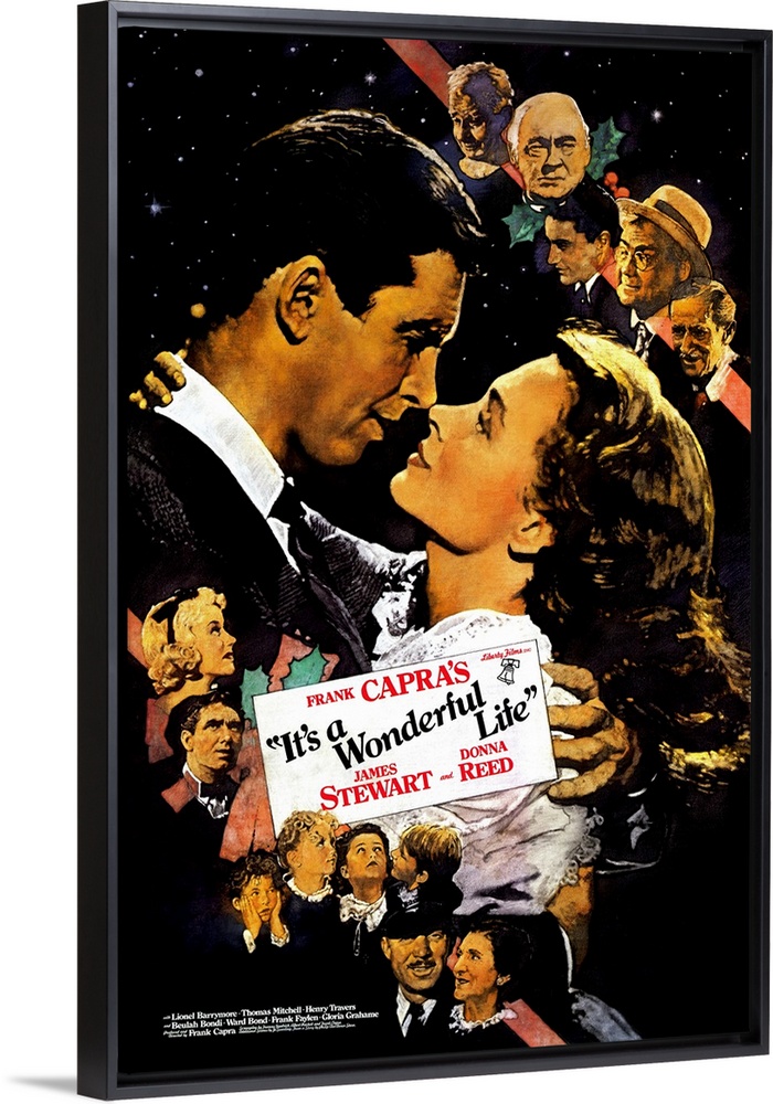Vertical movie advertisement on a large wall hanging for "It's a Wonderful Life".  James Stewart and Donna Reed embrace in...