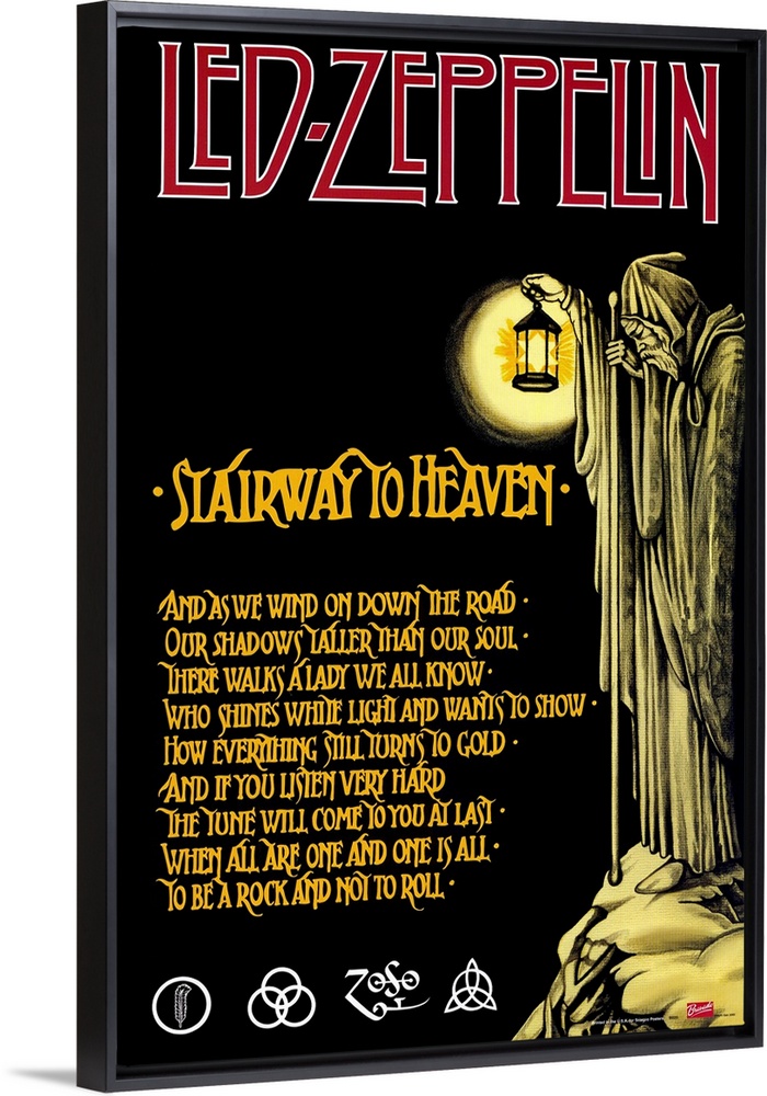 Vintage poster of English rock band's song lyrics with grim reaper holding lantern and standing on rocky ledge at night.