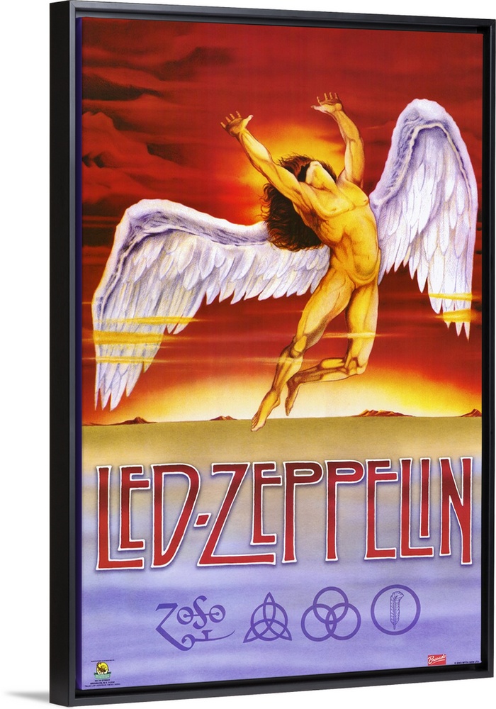 Vertical, oversized artwork for Led Zeppelin, a muscular, nude, human figure with large wings flying upward into a fiery s...
