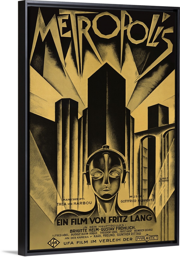 Poster for the 1927 science fiction film Metropolis. Skyscrapers line the back of the poster with a being shown below in f...
