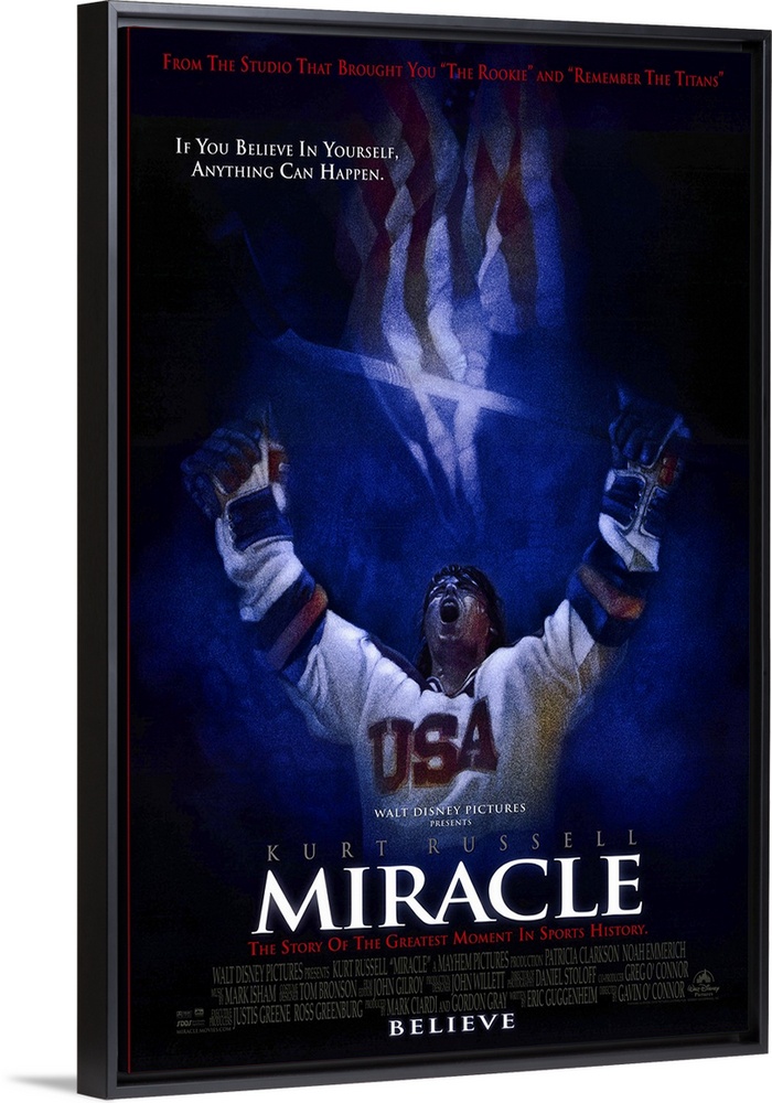 Docudrama movie poster for film "Miracle," starring Kurt Russell as US men's hockey team head coach Herb Brooks.  The stor...