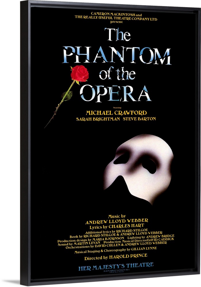 Broadway poster for Andrew Lloyd Webber's play, The Phantom of the Opera, displaying the Phantom's mask and a single rose.