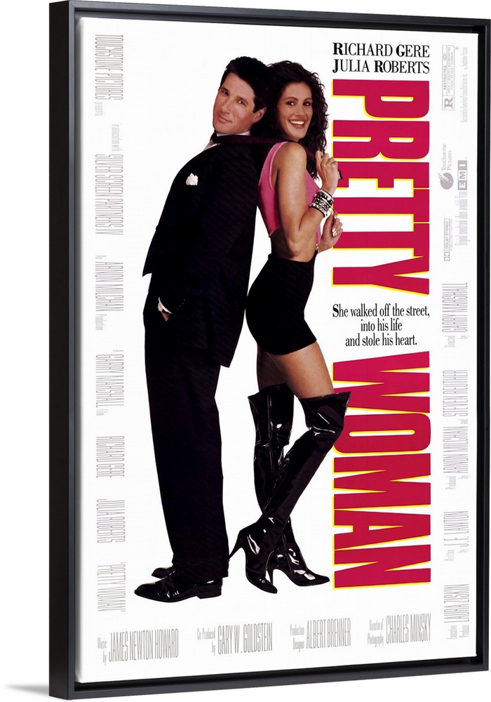 Vertical, large movie advertisement for "Pretty Woman", with Julia Roberts and Richard Gere standing back to back on a sol...