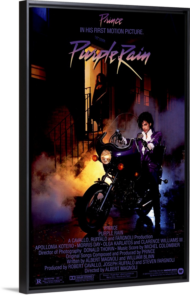 Vintage movie poster for the movie Purple Rain featuring the music artist Prince with a picture of prince sitting on a mot...