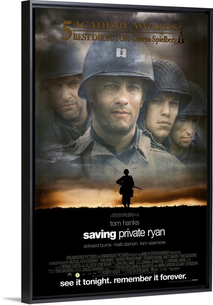 The classic movie poster for "Saving Private Ryan". There is a faded picture of the four main characters up top with a sil...