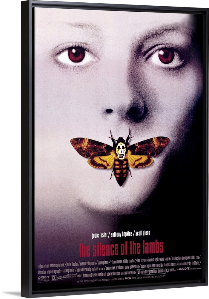 Vertical, oversized movie advertisement for the 1990 film, The Silence of the Lambs, starring Jodie Foster and Anthony Hop...