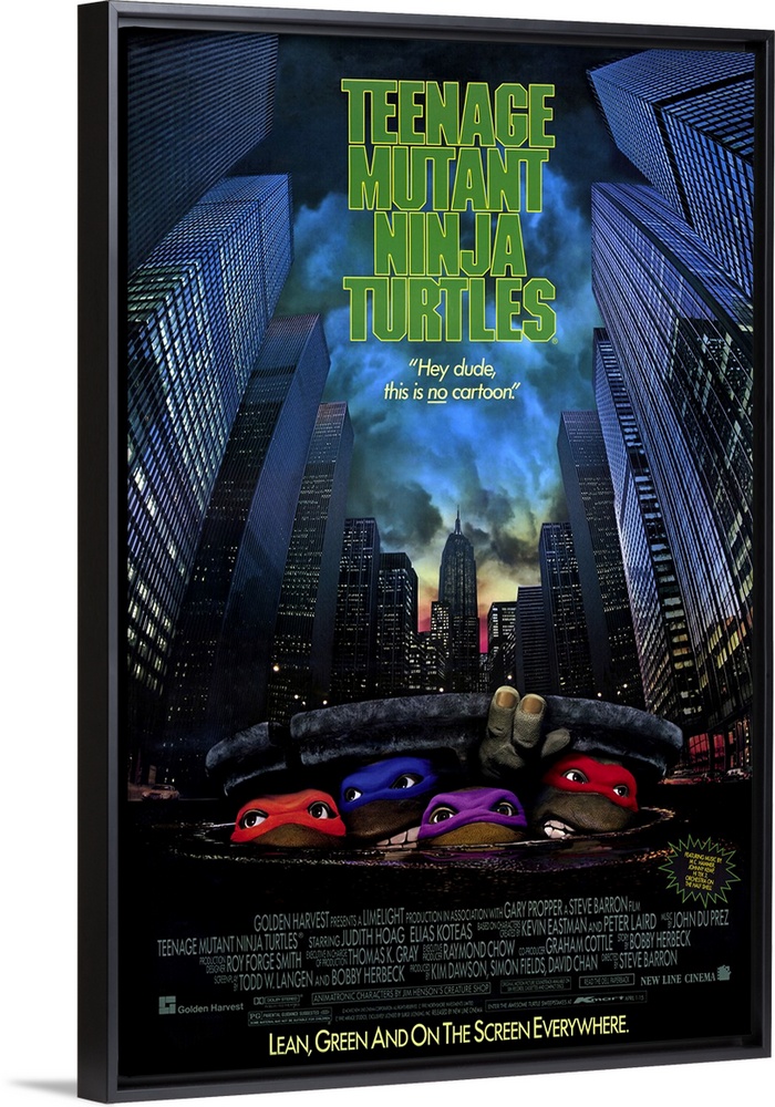 Poster for the 1989 film "Teenage Mutant Ninja Turtles". It shows the four turtles faces popping out from under a man hole...