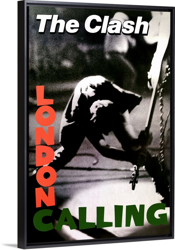 Vertical, oversized black and white photograph of a band member of The Clash swinging a guitar to smash on the floor.  "Lo...