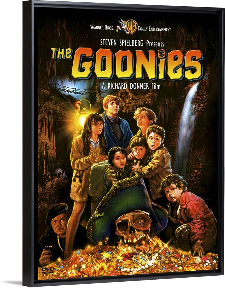 Movie poster for the 1980s movie Goonies with a drawing of all the child characters standing with their pile of treasure.