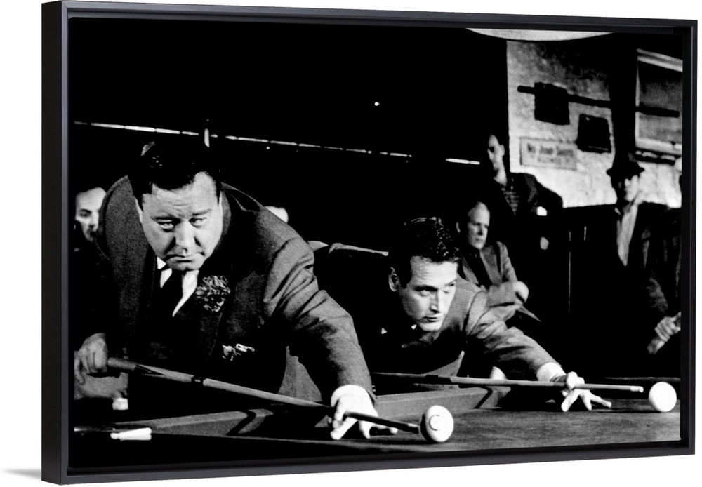 This is a still shot taken from the movie "The Hustler" of two men playing pool and both about to hit their pool balls on ...