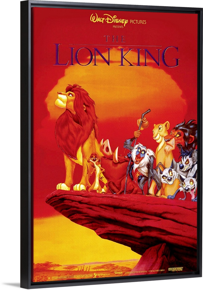 Large, vertical movie advertisement of the Walt Disney movie, The Lion King.  A grown Simba peers over the edge of a cliff...