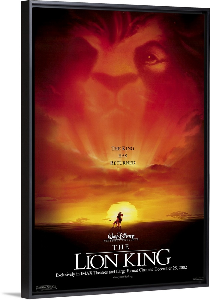 Movie poster for the 2002 Disney animated movie The Lion King with Simba high on a rock overlooking his kingdom.