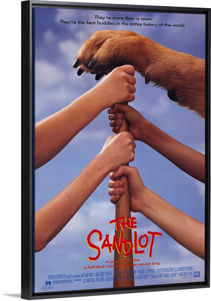 Big, vertical movie advertisement for the 1993 film, The Sandlot.  A baseball bat is held upright by four children's hands...