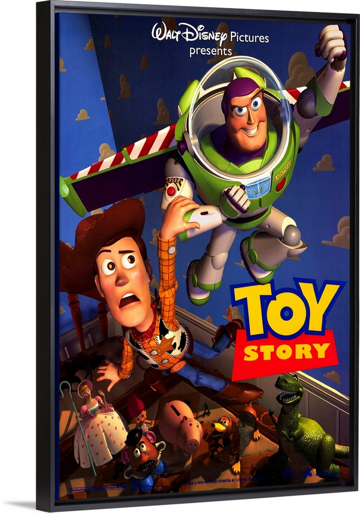 Portrait, large movie poster of Toy Story.  Buzz lightyear flying through the air, Woody holding onto his arm, while the o...