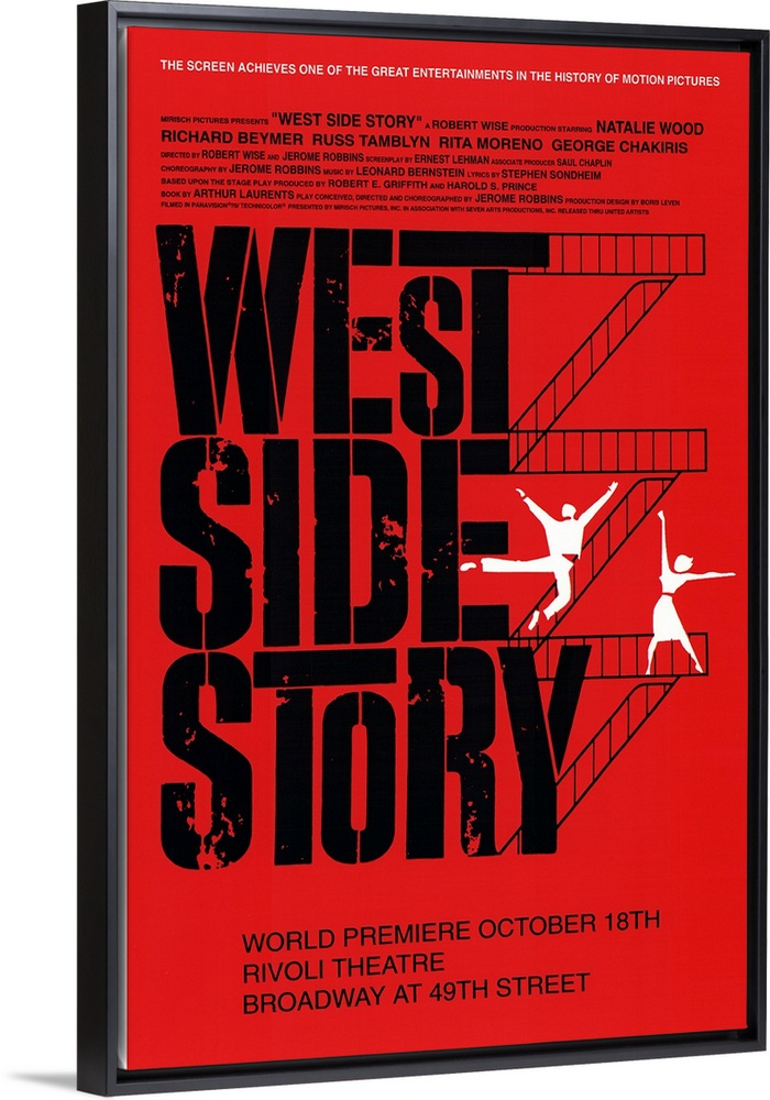 Broadway poster for the popular show "West Side Story". Flights of stairs go up the right side of the text with figures of...