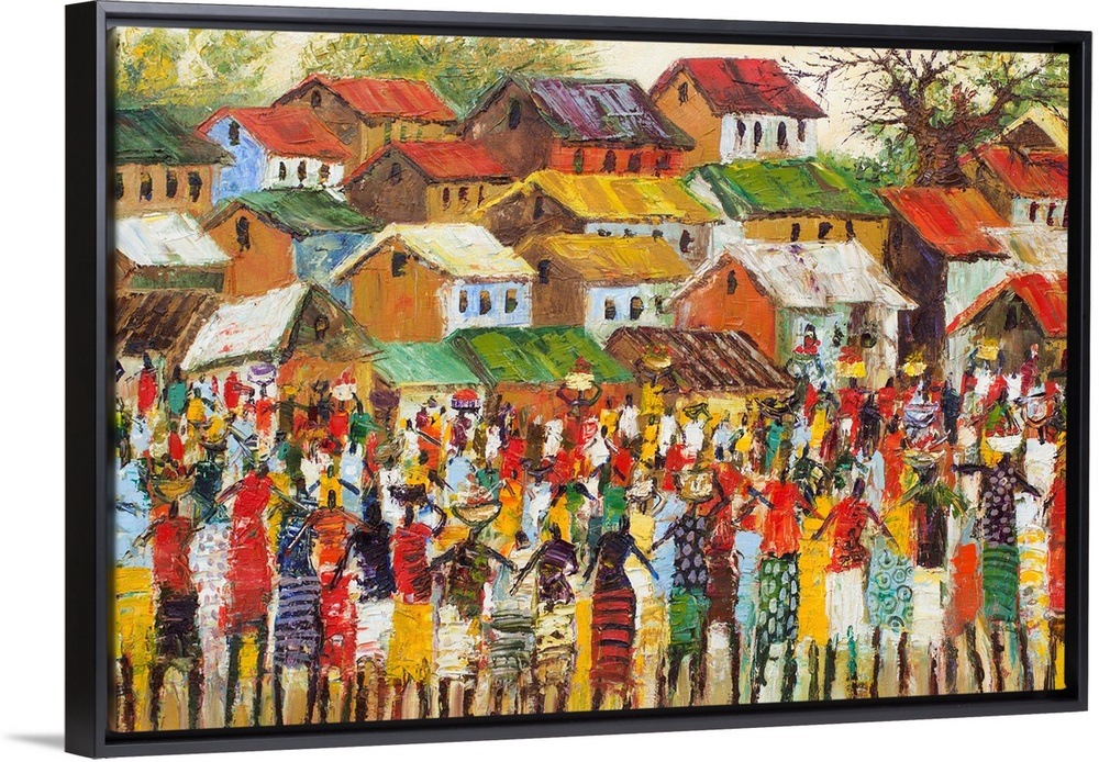 Colorful chaos symbolizes the energy of a busy West African market. Shoppers and merchants throng the streets in a bright ...