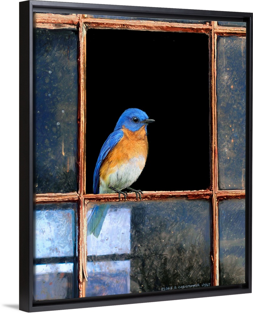 Contemporary artwork of a bird perched on a broken window pane.
