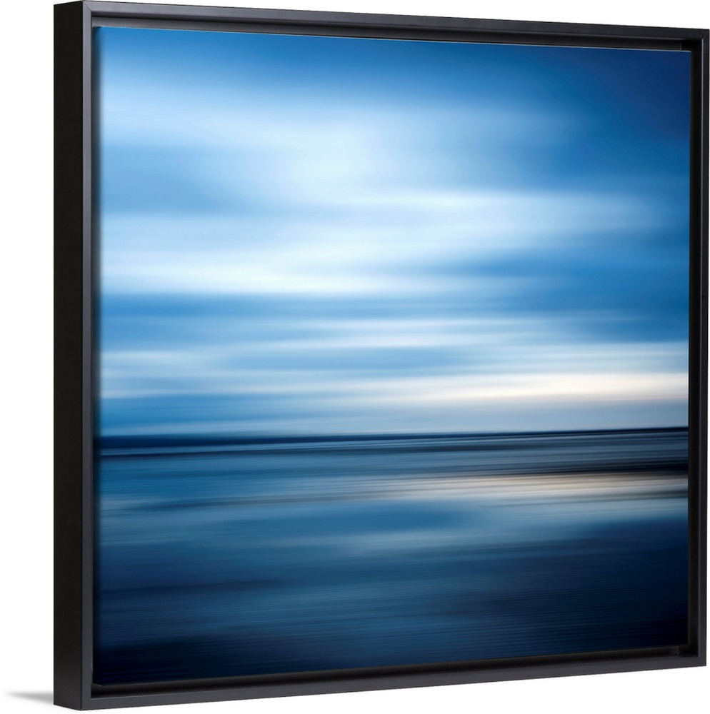 Huge square abstract art of an ocean against a clear sky that includes a lot of horizontal lines.