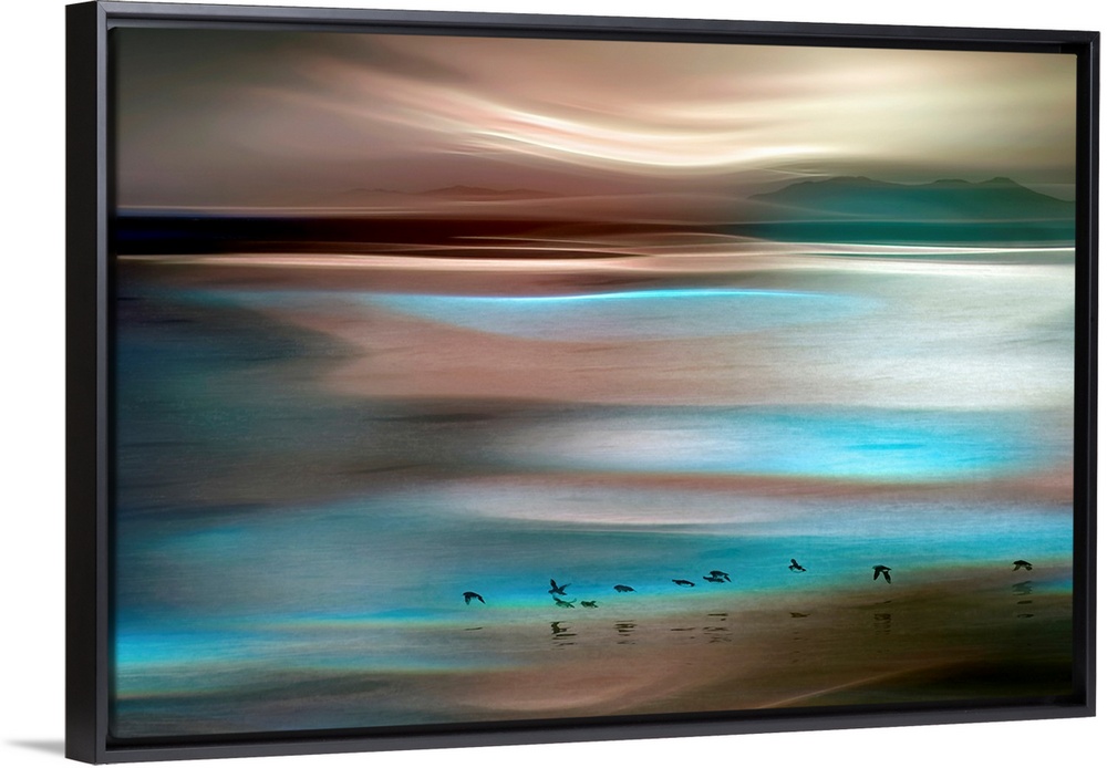 Horizontal, large artwork for a living room or office. Warm and cool tones swirl across a horizon at dusk with small black...