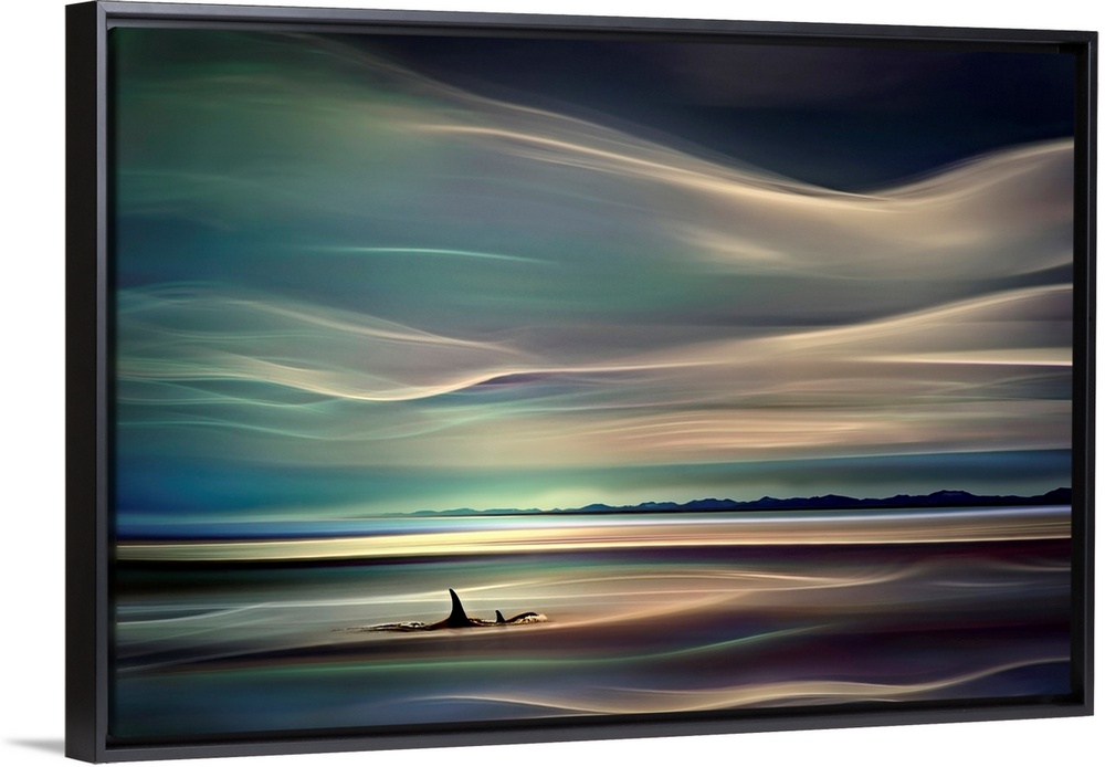 Horizontal, large abstract wall hanging of two Orca whale fins breaking the surface of the water.  The sky and the water f...