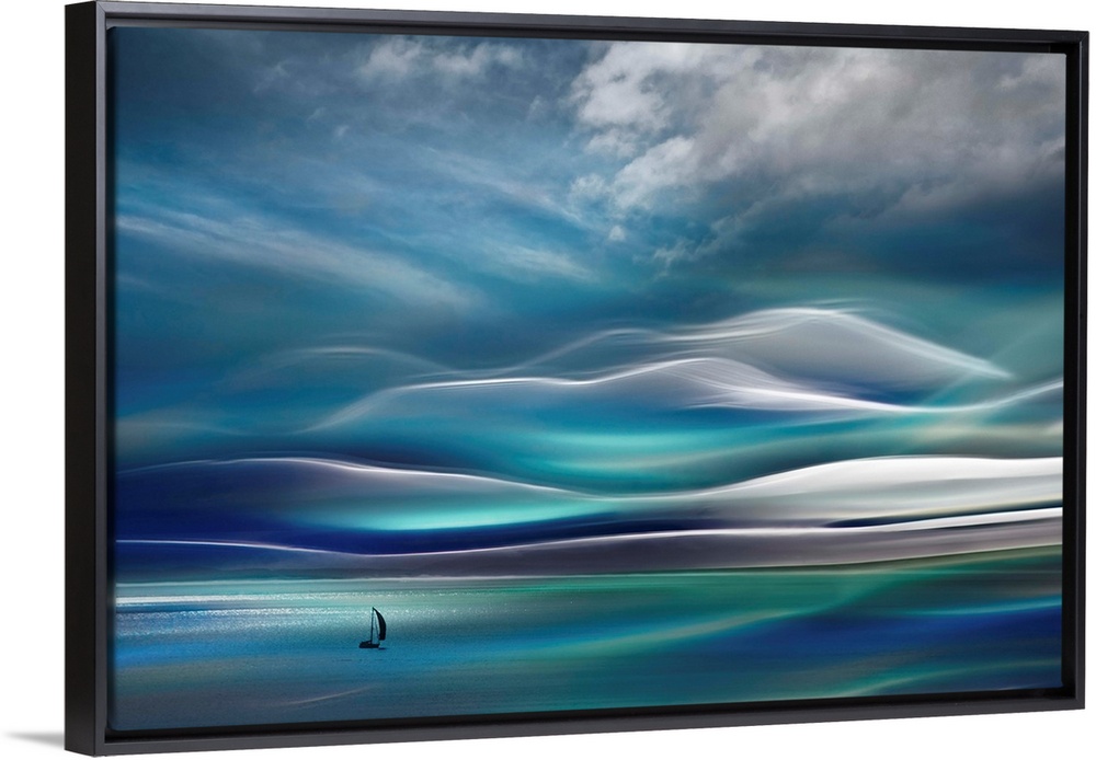 Huge abstract art depicts a lone sailboat traveling across open waters with a mountain in the background.