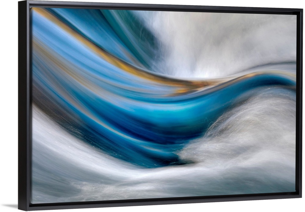 Abstract painting in which cool and warm tones flow from left to right while white rushes from the right side encasing the...