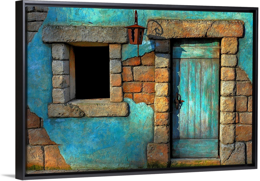 Landscape fine art photograph highlighting a door surrounded by a stone wall and window.