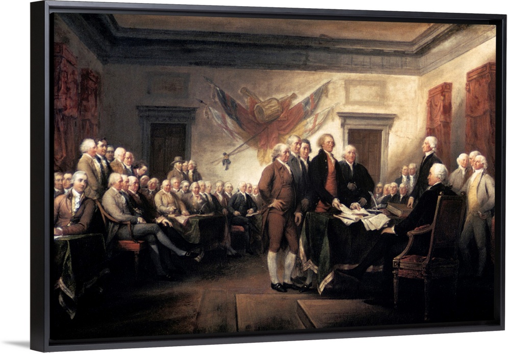 The 1776 signing of the Declaration of Independence by Trumbull in Pennsylvania State House, now Independence Hall in Phil...