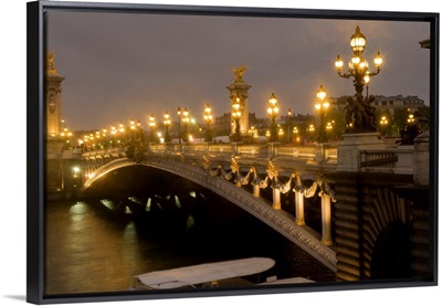 Arch bridge lit up at dusk, Pont Alexandre III, Seine River, Paris, France