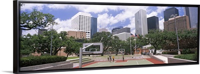 Basketball court with skyscrapers in the background, Houston, Texas, USA 2012