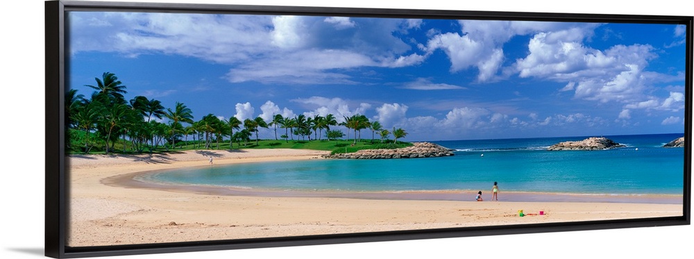 A panoramic photograph of a tropical cover on an island lined with palm trees and clear water.