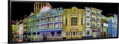 Boardwalk lit up at night during rain, Atlantic City, New Jersey