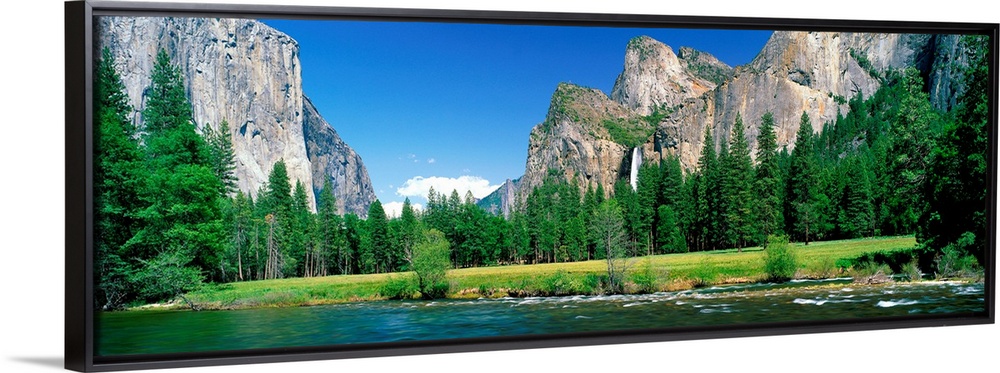 Wall art for the home or office a panoramic landscape photograph of a river and meadow in the Yosemite Valley in the summer.