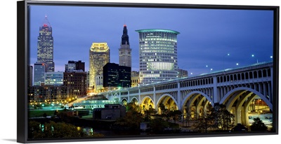 Bridge in a city lit up at dusk, Detroit Avenue Bridge, Cleveland, Ohio