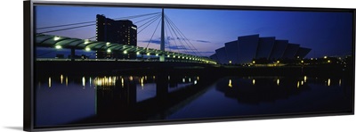 Bridge lit up at dusk, Scottish Exhibition & Conference Center, Glasgow, Scotland