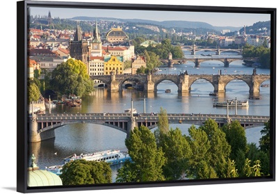 Czech Republic, Prague, Bridges over Vltava River and Boat Traffic