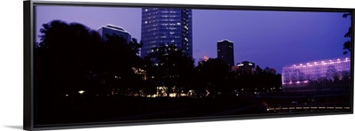 Devon Tower and Crystal Bridge Tropical Conservatory at night, Oklahoma City, OK