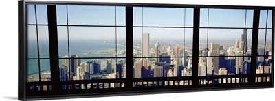 High angle view of a city as seen through a window, Chicago, Illinois