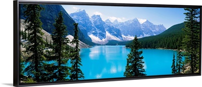 High angle view of a lake, Moraine Lake, Valley of ten peaks, Banff National Park, Alberta, Canada