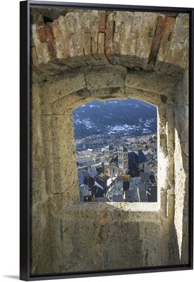 High angle view of buildings in a town viewed through a window, French Alps, Briancon, Provence-Alpes-Cote d'Azur, France