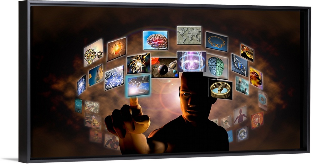 Man pointing to screen squares from inside a circle