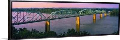 Missouri, High angle view of railroad track bridge Route 54 over Mississippi River