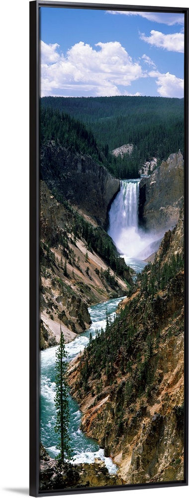 Vertical panoramic of a large waterfall at Yellowstone National Park in Wyoming.