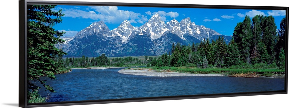 Panoramic photo of rugged mountains in the background of a wide river cutting through the landscape with trees on either s...