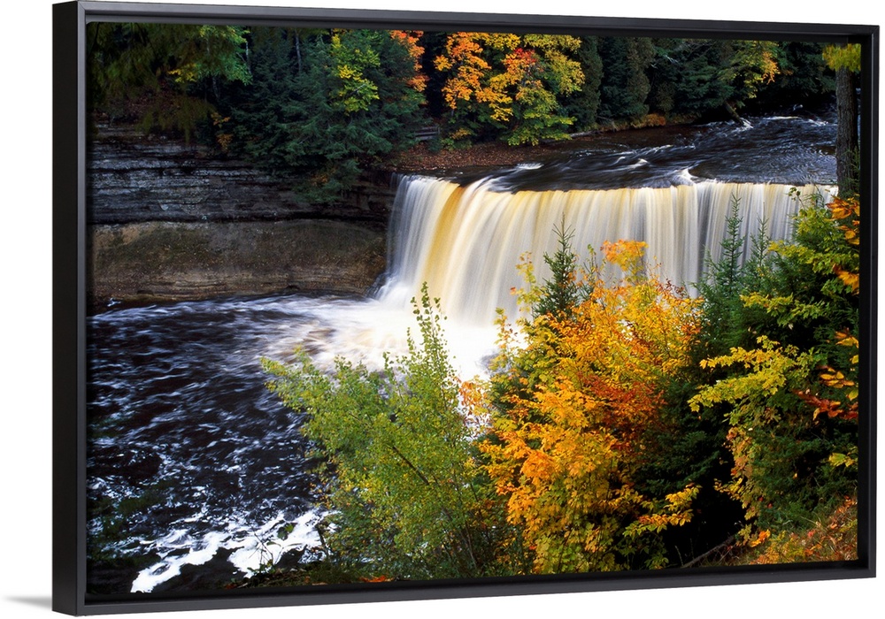 Giant, horizontal photograph of Tahquamenon Falls surrounded by colorful fall foliage in Michigan.