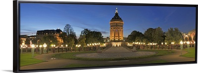 Water tower lit up at dusk, Wasserturm, Baden-Wurttemberg, Germany