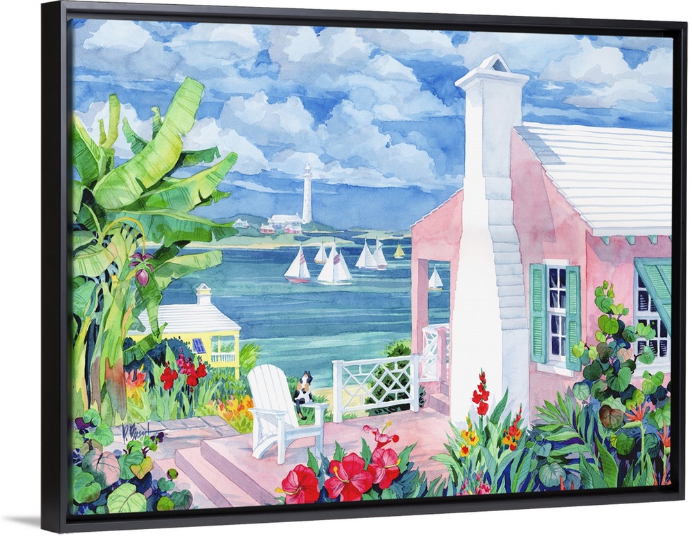 Watercolor painting of a Bermuda resort town.