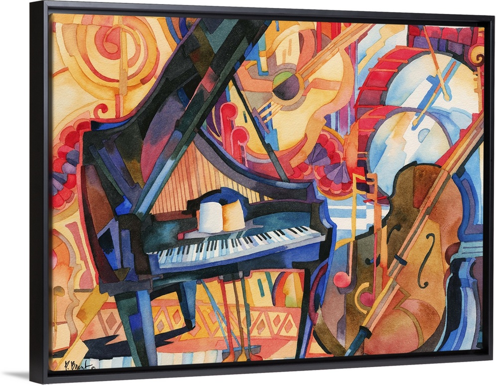 Painting of jazz instruments, including a bass, grand piano, and drum kit.