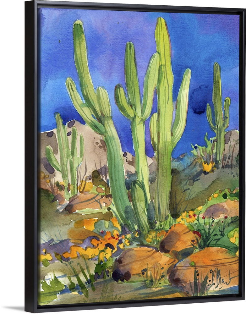 Watercolor painting of saguaro cacti in a rocky desert.