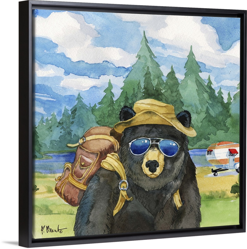 Square watercolor painting of a black bear with camping gear outside in the wilderness.